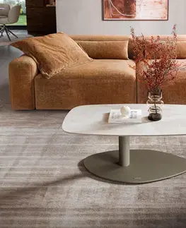 Konferenčné stolíky DELIFE Konferenčný stolík Edge zaoblený tvar 100×50 cm keramika onyx šampanské Vibany kov titánová farba efekt