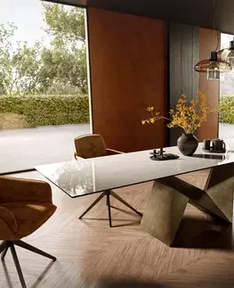 Jedálenské stoly DELIFE Jedálenský stôl Edge 300×100 cm keramika onyx šampanské origami metalická zlatá