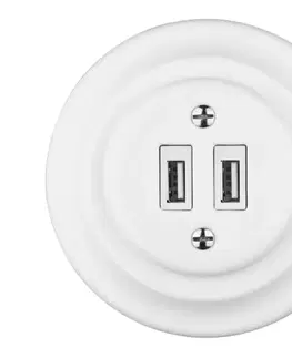 Predlžovacie káble Bohemia-Design - Porcelánová retro USB napájacia zásuvka s rámikom 2x USB-A biela 12359388