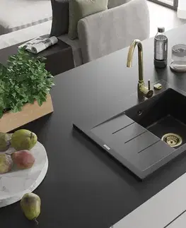 Kuchynské drezy MEXEN/S MEXEN/S - Ben granitový drez 1 s odkvapkávačom pravý 600 x 500 mm, čierna, sifón zlatá 6523605000-77-G