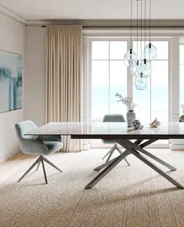 Jedálenské stoly DELIFE Jedálenský stôl Edge 200-300×100 cm keramika onyx šampanské krížová podstava hranatý nerezová oceľ grafit rozkladací