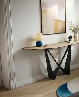 Konzolové stolíky DELIFE Konzolový stolík Edge polygonálny 180×50 cm keramika Laminam® Sabbia dubová farba Spios kov čierna