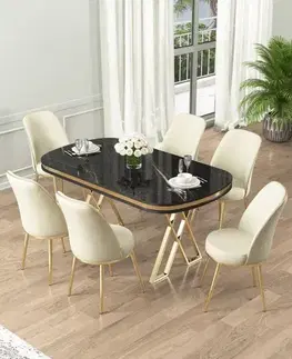 Jedálenské sety Dining Table & Chairs Set (7 Pieces) Lai - Black Marble, Gold, Cream