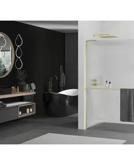 Sprchové dvere MEXEN/S - Kioto+ L Sprchová zástena WALK-IN s poličkou a držiakom uterákov 110 x 200, prúžky, zlatá kartáčovaná 800-110-123-55-09