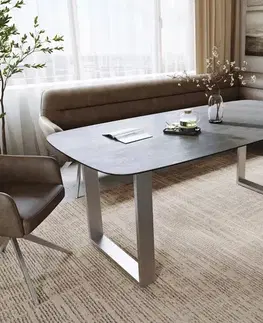 Jedálenské stoly DELIFE Jedálenský stôl Edge zaoblený 200x100 cm keramika betónová sivá nerezová oceľ úzky