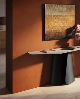 Konzolové stolíky DELIFE Konzolový stolík Edge polygonálny 180×50 cm keramika Laminam® Travertino Bianco krémovo biela Livos kov čierna