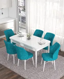 Jedálenské sety Extendable Dining Table & Chairs Set (7 Pieces) Eva - White, Turquoise