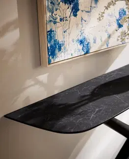 Konzolové stolíky DELIFE Konzolový stolík Edge zaoblený 140×40 cm keramika Laminam® Nero Greco antracit Estelo kov čierna