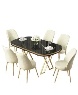 Jedálenské sety Dining Table & Chairs Set (7 Pieces) Lai - Black Marble, Gold, Cream