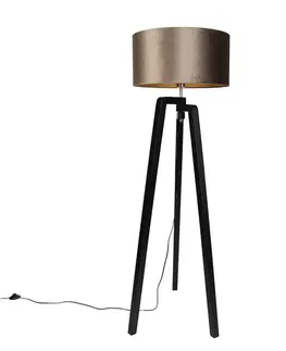 Stojace lampy Stojacia lampa čierna trojnožka s hnedým tienidlom so zlatým interiérom 50cm - Puros