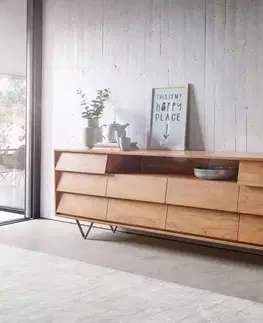 Komody DELIFE Komoda Eloi 240x40 cm akácia prírodná 2 dvierka 6 zásuviek podstava v tvare V nerezová oceľ