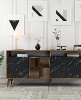 Komody Konzolový stolík Milan - Walnut, Black Marble
