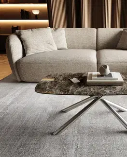 Konferenčné stolíky DELIFE Konferenčný stolík Edge zaoblený tvar 100x50 cm keramika Laminam® Emperador Extra Lucidato tmavohnedá Sarity nerezová oceľ kefovaná