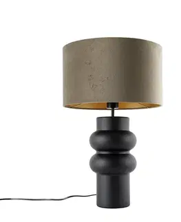 Stolné lampy Dizajnová stolová lampa čierna zamatový tienidlo taupe so zlatom 35 cm - Alisia