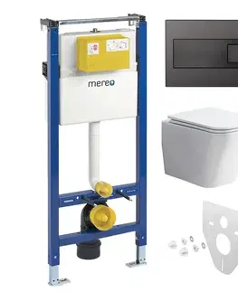 Záchody Mereo WC set - Rimless WC hranaté, modul pre sadrokartón, čierne hranaté tlačidlo MM02NSETRS331