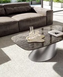 Konferenčné stolíky DELIFE Konferenčný stolík Edge zaoblený 120x70 cm keramika Laminam® Emperador Extra Lucidato tmavohnedá konická nerezová oceľ kefovaná