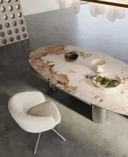 Jedálenské stoly DELIFE Jedálenský stôl Edge oválny 280x130 keramika Minas Melange bielo-béžová Pilier nerezová oceľ