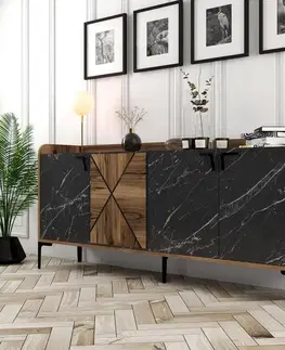 Komody Konzolový stolík Venedik - Walnut, Black Marble