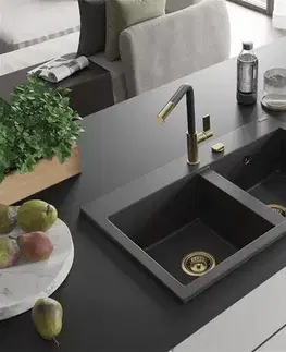 Kuchynské drezy MEXEN/S MEXEN/S - Hektor granitový drez 2-bowl 800 x 480 mm, čierna kropenatá, zlatý sifón 6521802000-76-G