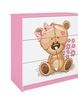 Komody so zásuvkami Detská komoda Babydreams ružová – Medveď s kvetmi