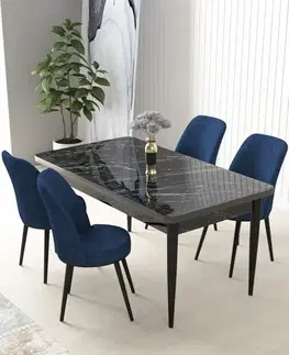 Jedálenské sety Dining Table & Chairs Set (5 Pieces) Nil - Black Marble, Navy Blue