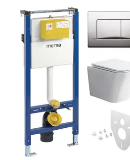 Záchody Mereo WC set - Rimless WC hranaté, modul pre sadrokartón, chróm hranaté tlačidlo matné MM02NSETRS321