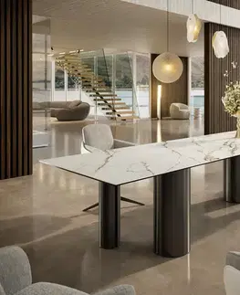 Jedálenské stoly DELIFE Jedálenský stôl Edge 300x100 keramika Calacatta Luxe bielo-zlato-šedá pilier nerezová oceľ grafitová