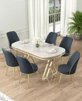 Jedálenské sety Dining Table & Chairs Set (7 Pieces) Lai - White, Gold, Anthracite