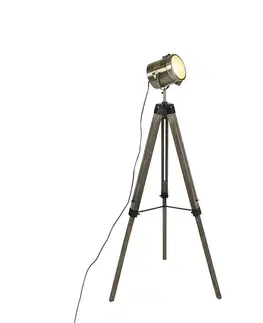 Stojace lampy Priemyselná trojnohá stojaca lampa drevená so štúdiovým reflektorom - Braha