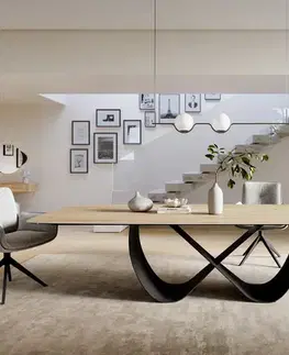 Jedálenské stoly DELIFE Jedálenský stôl Edge zaoblený 300×120 cm keramika Laminam® sabbia v dubovej farbe Infinity kov čierna