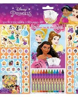 Nalepovačky, vystrihovačky, skladačky Samolepkový set s maľovankami a voskovkami 500 ks - Disney Princezné
