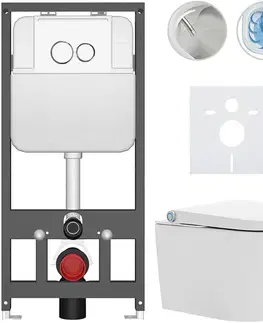 Záchody CERANO - Závesné WC s bidetom Basic/Cronus Standard - biela lesklá - WC tlačidlo Dualo/Biela - závesné - predstenová inštalácia - 59,3x38,4 CER-8050BD86423