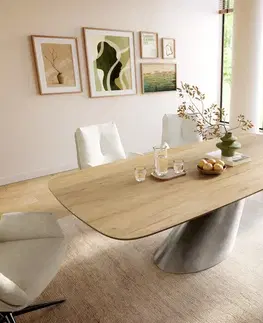 Jedálenské stoly DELIFE Jedálenský stôl Edge zaoblený 240×120 cm keramika Laminam® Sabbia dubová farba kužeľ metalická strieborná