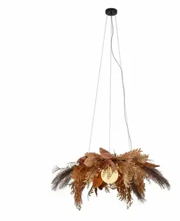 Závesné svietidlá Závesná lampa Japandi čierna s béžovými kvetmi a bielym sklom - Flower Power