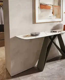 Konzolové stolíky DELIFE Konzolový stolík Edge zaoblený tvar 180×40 cm keramika Calacatta Luxe bielo-zlato-šedá Velio kov titánová farba