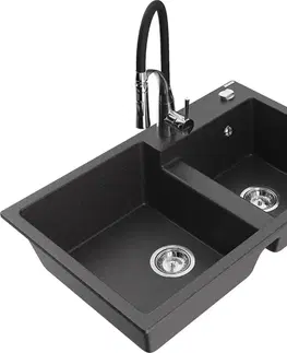 Kuchynské drezy MEXEN/S MEXEN/S - Tomas granitový drez 2-bowl vrátane batérie Aster, čierna kropenatá 6516-76-73450-07