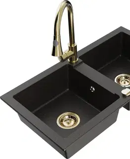 Kuchynské drezy MEXEN/S MEXEN/S - Mario granitový drez 2-bowl vrátane batérie Elia, čierna/zlatá metalik 6504-75-670101-50