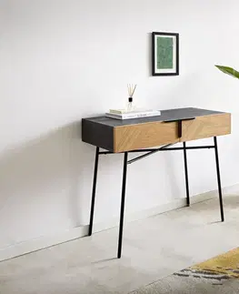 Stoly DELIFE Konzolový stolík Mikkusu 90x45 cm bambus prírodná mango čierna 2 zásuvky kov čierna