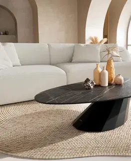 Konferenčné stolíky DELIFE Konferenčný stolík Edge oválny 140x75 cm keramika Laminam® Noir Desir hnedá Parabi kov čierna