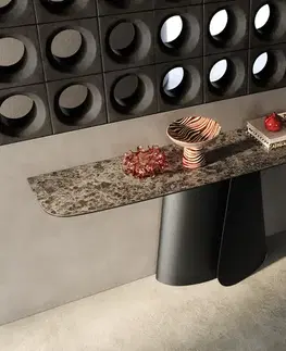 Konzolové stolíky DELIFE Konzolový stolík Edge zaoblený 180×40 cm keramika Emperador Extra Lucidato tmavohnedá Livos kov čierna