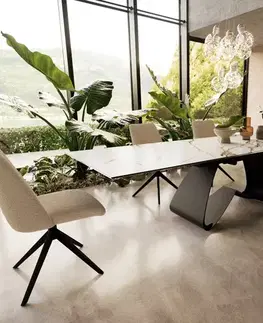 Jedálenské stoly DELIFE Jedálenský stôl Edge 200-300x100 keramika Calacatta Luxe bielo-zlato-šedá podstava v tvare W čierna rozkladací