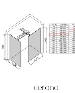 Sprchové dvere CERANO - Sprchová zástena Walk-in Onyx TL/P - 8 mm - hranatá vzpera - čierna matná, transparentné sklo - 70x50x200 CER-8050BD2924