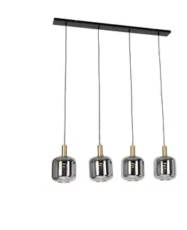 Závesné svietidlá Závesná lampa čierna so zlatom a dymovým sklom vrátane 4 PUCC - Zuzanna