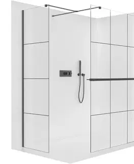 Držadlá k vani CERANO - Sprchová zástěna Walk-in Onyx T L/P - 8 mm - hranatá vzpěra + polička/držák na ručníky - černá matná, industriální sklo - 150x140x200  CER-8050BD4137