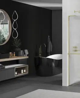 Sprchové dvere MEXEN/S - Kioto+ L Sprchová zástena WALK-IN s poličkou a držiakom uterákov 110 x 200, prúžky, zlato 800-110-123-50-09