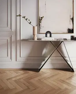 Konzolové stolíky DELIFE Konzolový stolík Edge zaoblený tvar 180×40 cm keramika Patagonia leštená Velio kov titánová farba