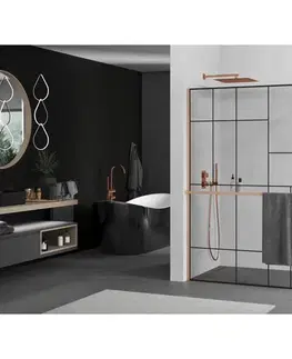Sprchové dvere MEXEN/S - Kioto+ Sprchová zástena s poličkou WALK-IN 80 x 200, čierna vzor, meď kartáčovaná 800-080-121-65-78
