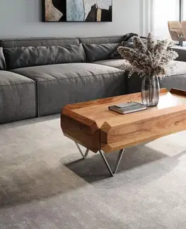 Konferenčné stolíky DELIFE Konferenčný stolík Kiano 100x50 cm akácia prírodná 2 zásuvky podstava v tvare V nerezová oceľ