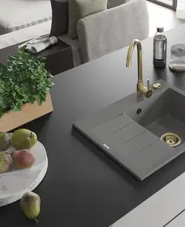 Kuchynské drezy MEXEN/S MEXEN/S - Ben granitový drez 1 s odkvapkávačom pravý 600 x 500 mm, sivý, sifón zlatá 6523605000-71-G