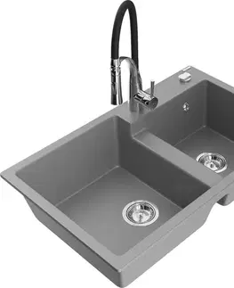 Kuchynské drezy MEXEN/S MEXEN/S - Tomas granitový drez 2-bowl vrátane batérie Aster, šedá 6516-71-73450-07